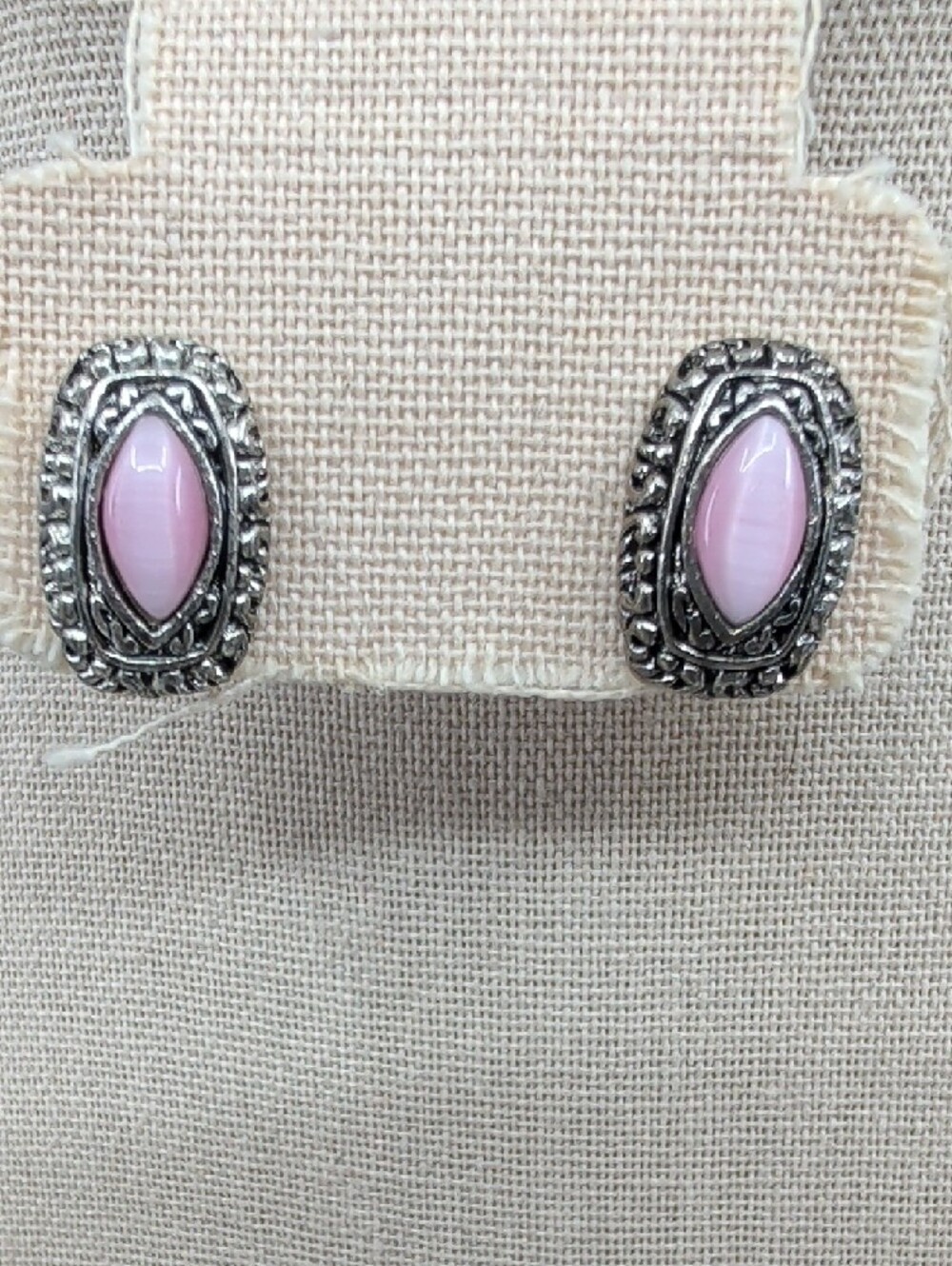 Vintage Silver Tone Pink Cat's Eye Pendant & Earring Set Demi Parure - Picture 7 of 17